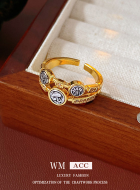 中古vintage锆石圆形开口戒指时尚复古百搭食指戒小众感手饰