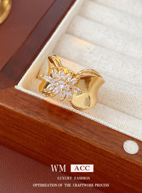 18k真金电镀镶锆石花朵戒指轻奢小众感食指戒个性冷淡风手饰
