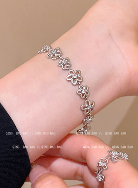 银色蕾丝花朵手链女轻奢小众精致ins简约手饰清冷感可抽拉手串女