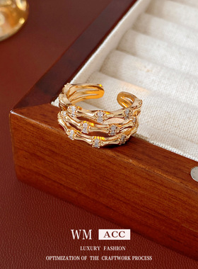 新中式锆石竹节三层开口戒指小众感食指戒复古个性冷淡风手饰