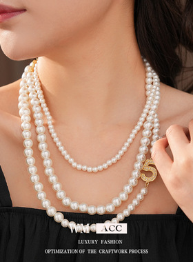 叠戴圆形数字5吊坠珍珠项链法式复古宫廷风毛衣链小众感饰品