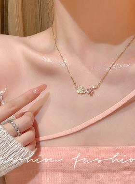 韩系超闪满锆花朵钛钢项链女轻奢小众高级感锁骨链配饰气质颈链