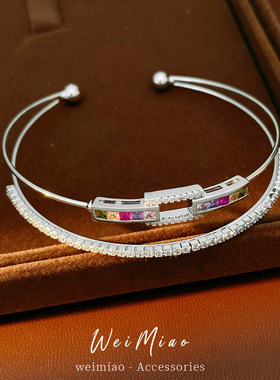 18k真金电镀锆石双层长方形镂空手镯个性气质手链轻奢高级感手饰