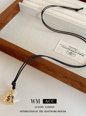 冷淡风皮革钱袋吊坠项链时尚简约百搭毛衣链气质小众饰品女感