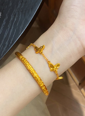 金店同款古法沙金三生花项链卷草纹手镯结婚仿三金婚嫁套链送女友