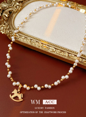 18k真金电镀珍珠小马吊坠项链新中式百搭锁骨链时尚复古百搭饰品