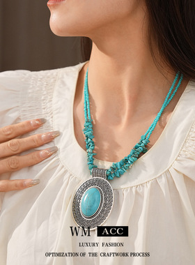 中古vintage不规则椭圆吊坠项链小众设计感锁骨链复古民族风饰品