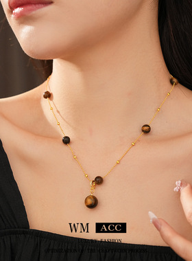 美拉德虎眼石圆形吊坠项链时尚复古锁骨链设计感小众饰品女感