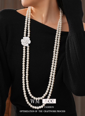 双层花朵吊坠珍珠项链轻奢小众感毛衣链法式复古宫廷风饰品女