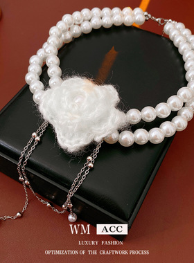 双层珍珠串珠针织花项链法式复古宫廷风锁骨链设计感小众百搭饰品