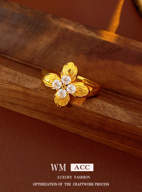 真金电镀镶锆石花朵戒指轻奢小众感食指戒时尚个性冷淡风手饰