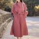 Long-sleeved pink mid-length coat with diagonal buttons and waist tie