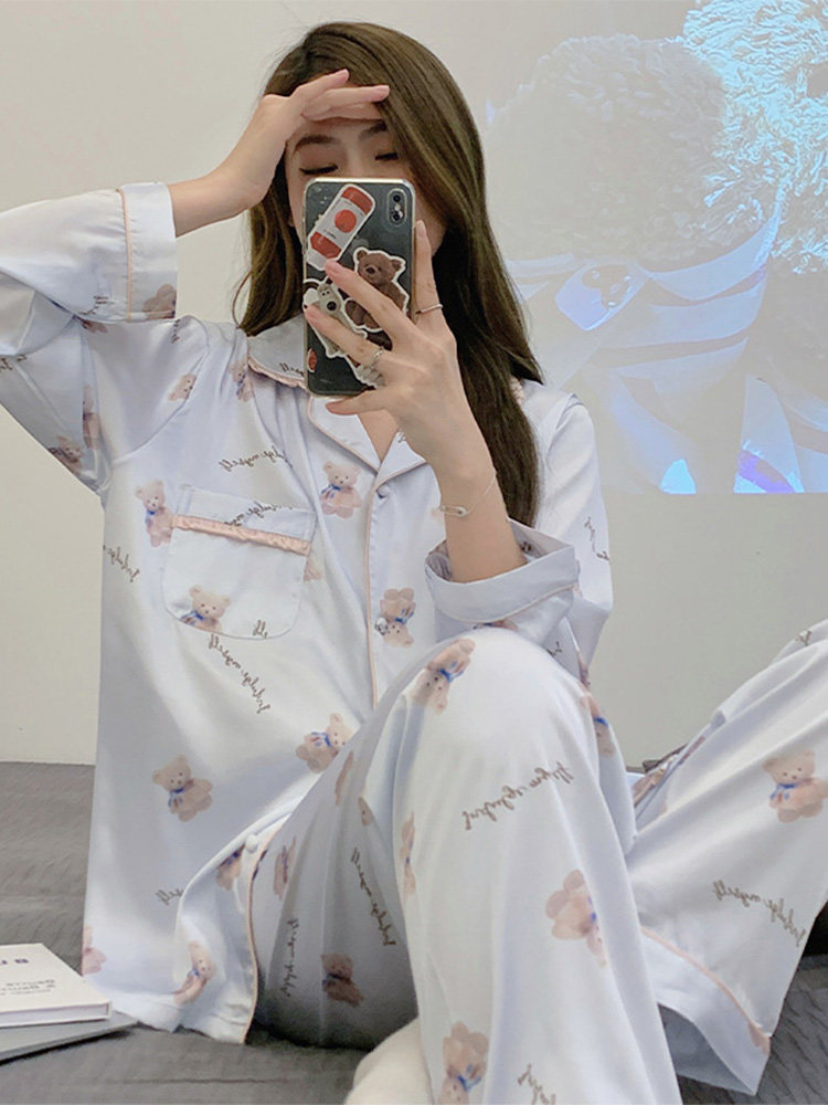 罗丽丝夏天冬季冰丝穿宽松家居服丝绸卡通长袖网红风睡衣套装可外