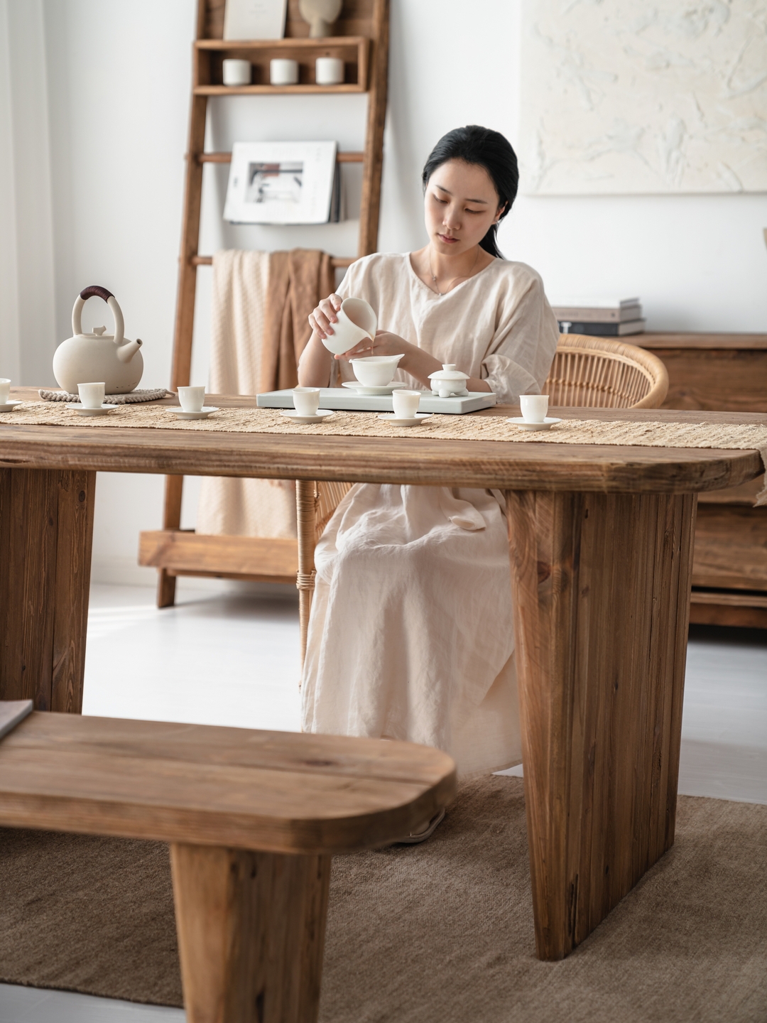 老椅家居侘寂木质松木润客厅风现代简约餐桌原木组合家茶桌长凳-图2