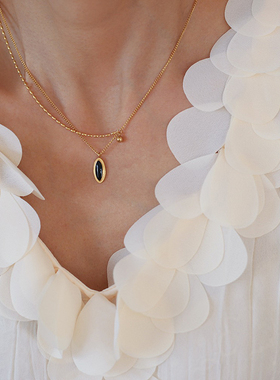 Gefan 复古法式椭圆黑镜钛钢项链黑色滴油眼睛锁骨链水滴吊坠颈饰