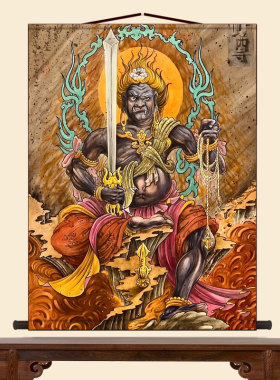 不动明王画像佛家菩萨挂画客厅装饰字画走廊沙发背景墙丝绸卷轴画