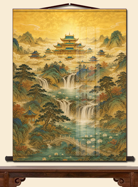 仙家堂口客厅山水挂画仙堂背景天庭楼阁风水画风景画暗堂装饰挂画