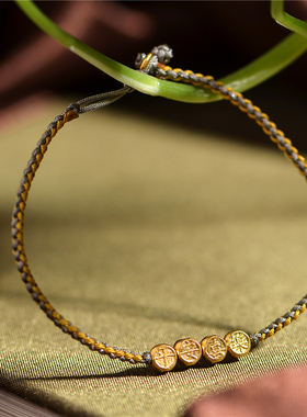 藏珠饰家 足金手工錾刻黄金 平安喜乐手绳 转运招财手链手绳女