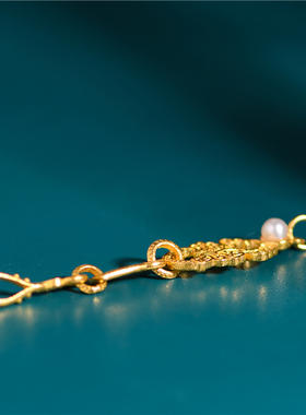 藏珠饰家 足金手工錾刻古法黄金 珍珠镶嵌连接链项链手链配饰配件