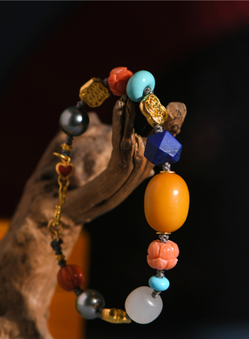 古董老蜡枣珠手工足金编制手串