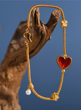 足金手工錾刻烧蓝红心手链