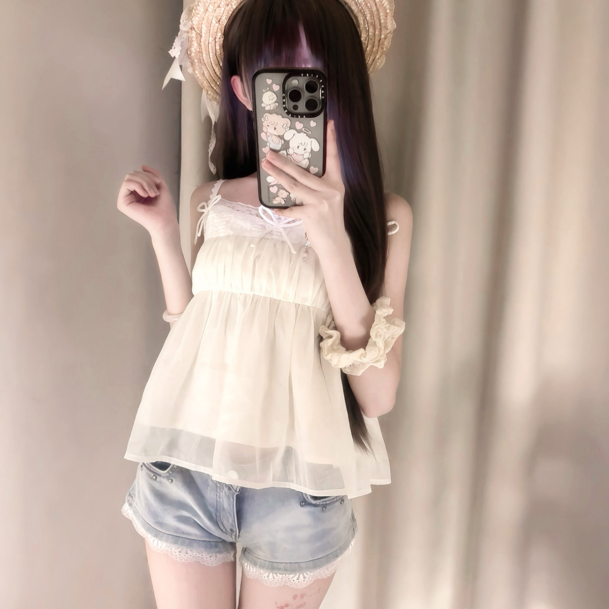 BBING甜饼 柔柔少女蕾丝拼接吊带背心蝴蝶结纯欲修身显瘦短款上衣,淘宝优惠券,粉丝福利购,淘宝优惠卷