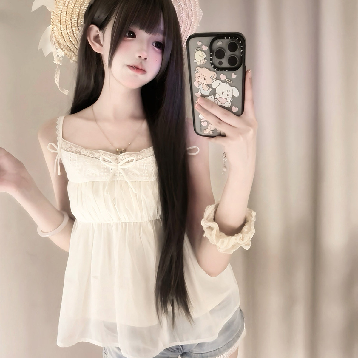 BBING甜饼 柔柔少女蕾丝拼接吊带背心蝴蝶结纯欲修身显瘦短款上衣,淘宝优惠券,粉丝福利购,淘宝优惠卷