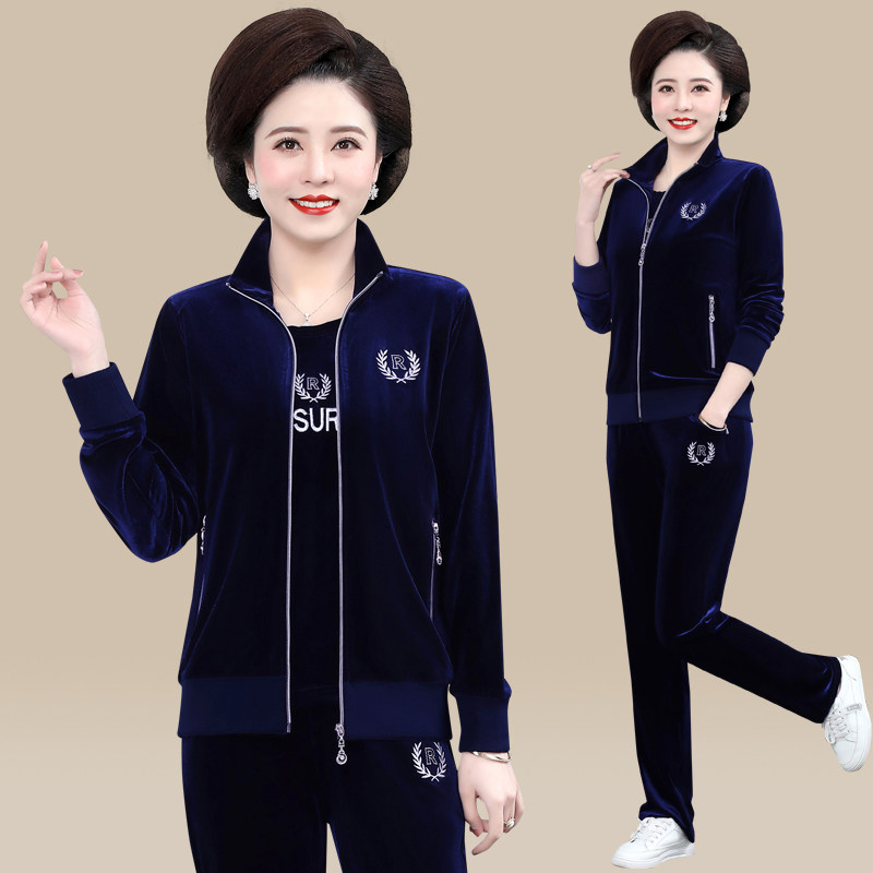 中老年人女装金丝绒运动服套装春秋季时尚上衣服中年妈妈春装外套