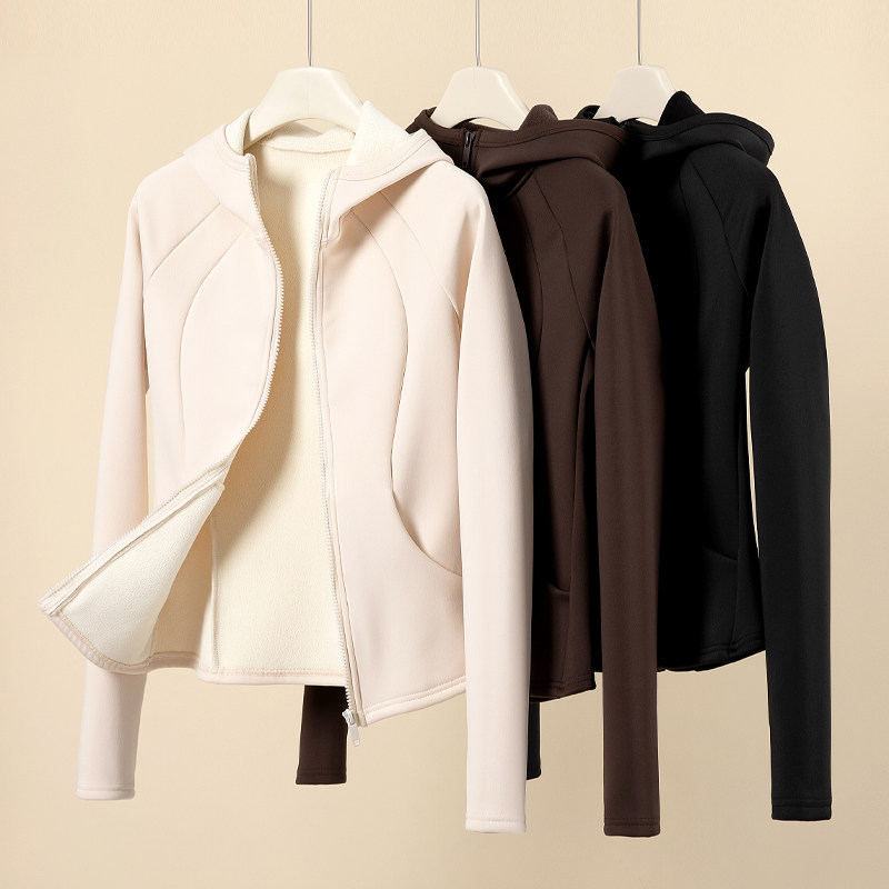 加绒加厚连帽短外套女秋冬外穿2024新款修身显瘦拉链保暖瑜伽上衣,淘宝优惠券,粉丝福利购,淘宝优惠卷