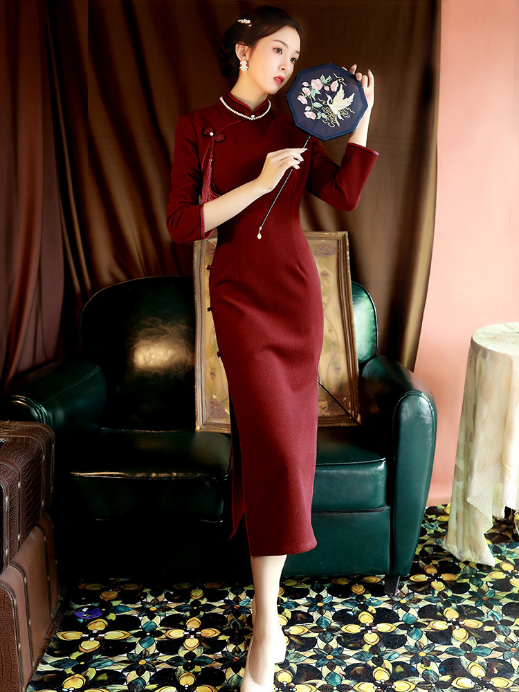 酒红色旗袍气质中长款显瘦女敬酒服 阑桂羽旗袍