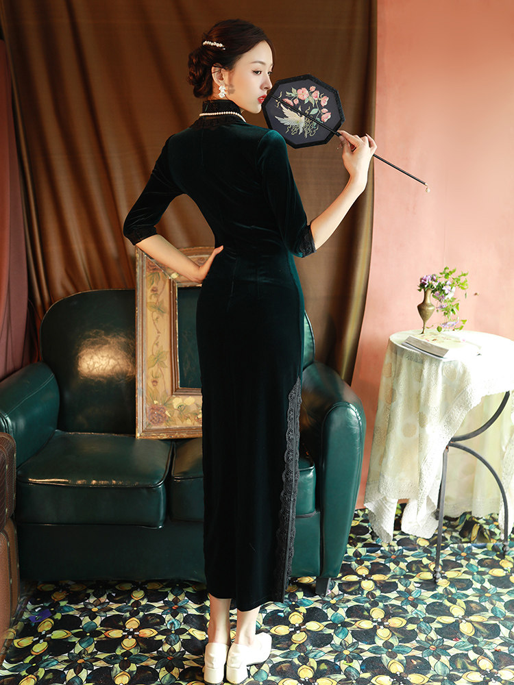 丝绒旗袍秋冬长袖少女改良版连衣裙 阑桂羽旗袍