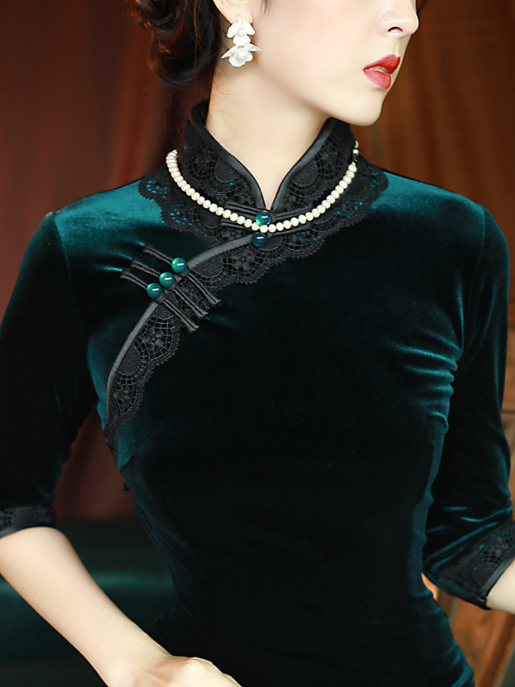 丝绒旗袍秋冬长袖少女改良版连衣裙 阑桂羽旗袍