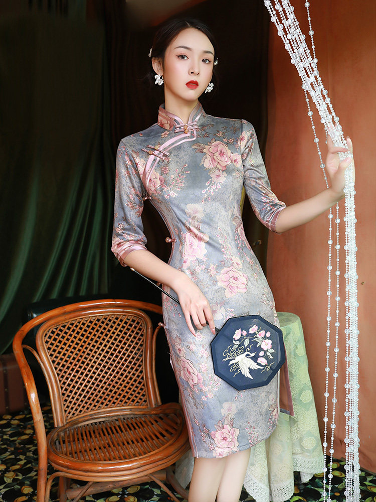 麂皮绒旗袍2020年新款气质女连衣裙 阑桂羽旗袍