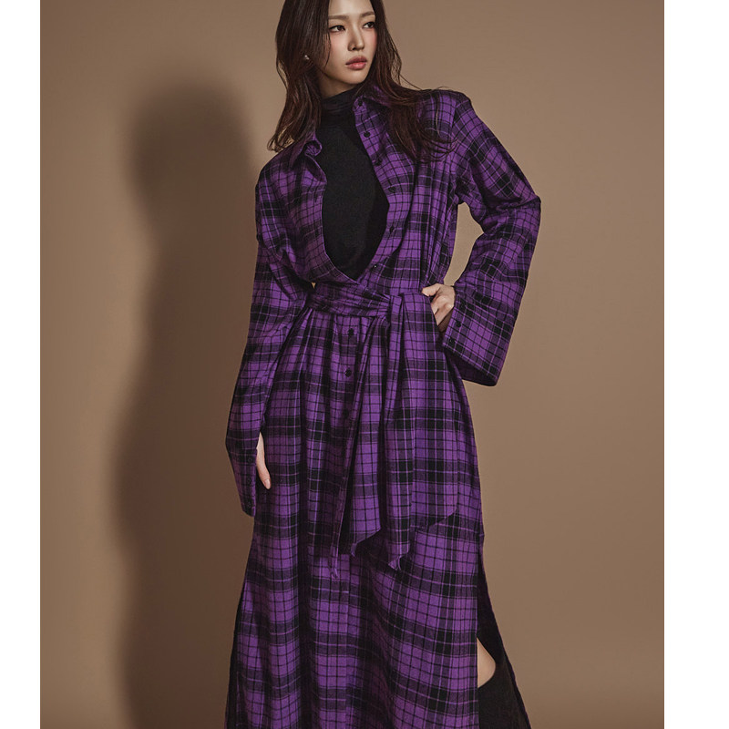 春秋复古风长款格子衬衫女长袖翻领系带收腰气质衬衣裙开叉连衣裙,淘宝优惠券,粉丝福利购,淘宝优惠卷
