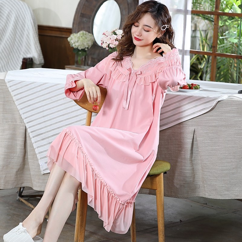 大红色睡裙秋冬纯棉长袖睡衣裙子 惠娜姿睡裙