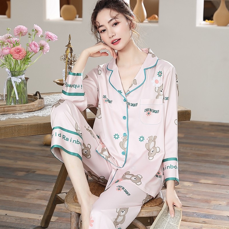 春秋季冰丝长袖开衫仿真丝绸睡衣 惠娜姿睡衣/家居服套装