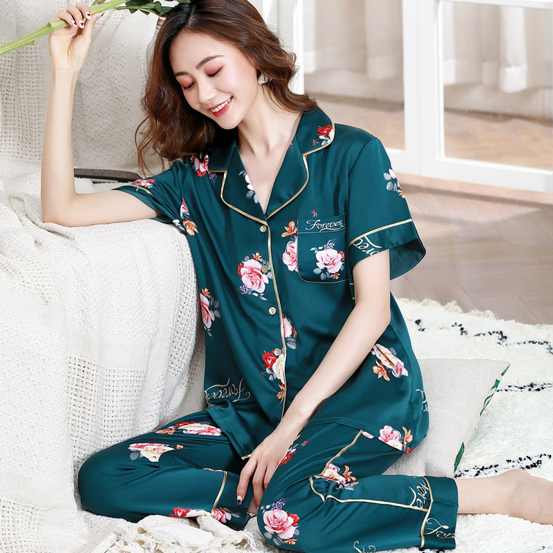 冰丝女士短袖仿真丝绸开衫中年睡衣 惠娜姿睡衣/家居服套装