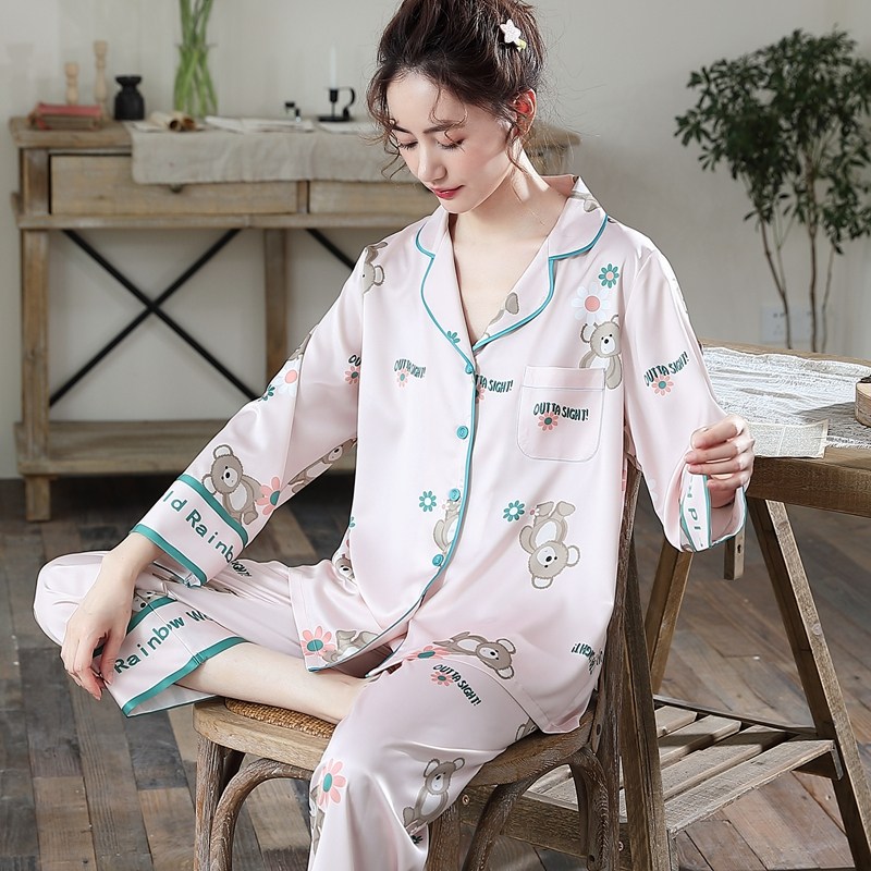 春秋季冰丝长袖开衫仿真丝绸睡衣 惠娜姿睡衣/家居服套装