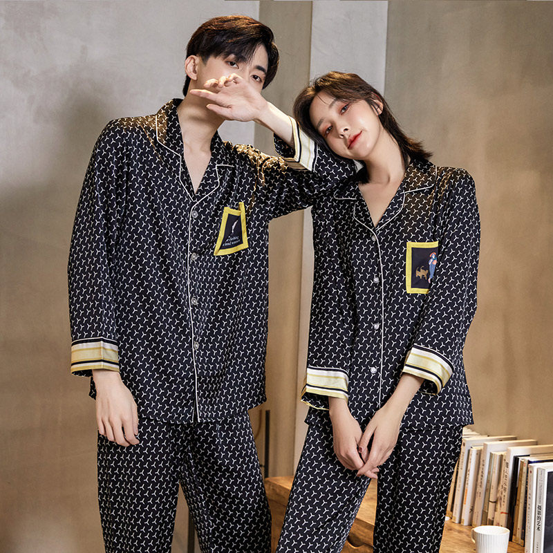 新款丝绸情侣春夏男冰丝长袖睡衣 云之城睡衣/家居服套装