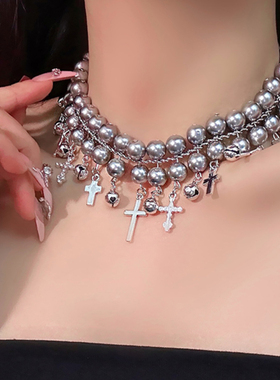 双层灰色串珠choker项圈女颈环十字架铃铛吊坠项链锁骨链颈链配饰