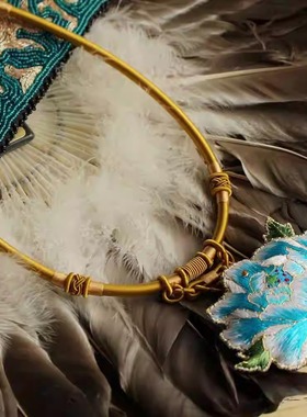 复古旗袍配饰手绣刺绣蓝牡丹