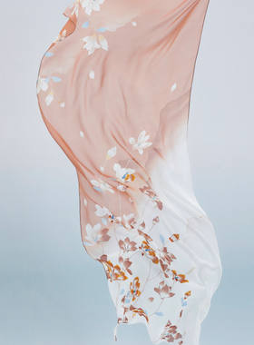 嫵WOO 【兰韵花影】真丝手绣花卉印花丝巾女雪纺长巾国风披肩