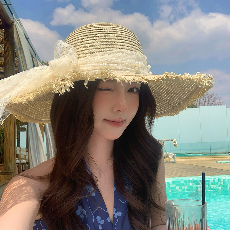 蕾丝蝴蝶结大帽檐沙滩草帽女2025年春新款海边遮阳防晒太阳帽子潮,淘宝优惠券,粉丝福利购,淘宝优惠卷