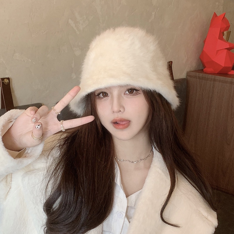 2025爆款兔毛渔夫帽女秋冬季大头围毛绒绒水桶显脸小白色帽子女款