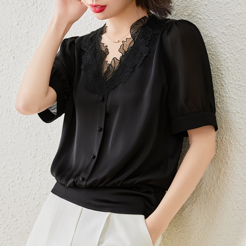 v领雪纺女短袖2022夏季新款衬衫 真言衬衫