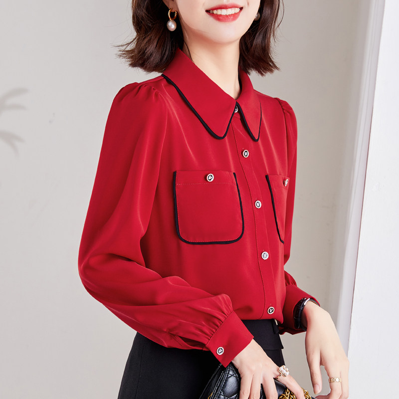 2022春装新款缎面雪纺衫女女衬衣 真言衬衫