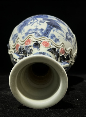 老瓷器博陵第暗刻元青花釉里红鬼谷子下山图双耳赏瓶中式陶瓷摆件