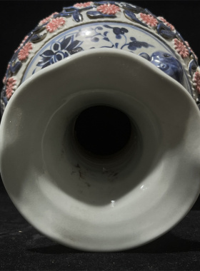 老瓷博陵第元青花釉里红暗刻宝相花双耳花口赏瓶老货收藏花瓶摆件