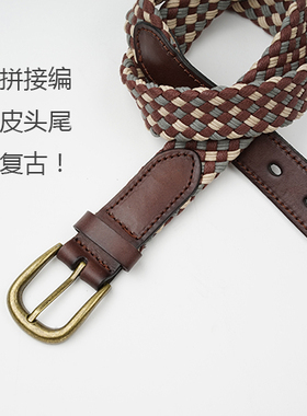 新款女士帆布腰带复古真皮拼接