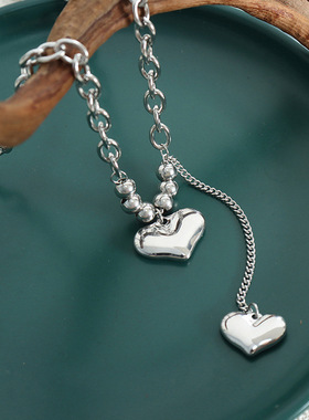 欧美夸张不掉色锁骨链钛钢镀18K金双爱心吊坠项链个性时尚潮首饰